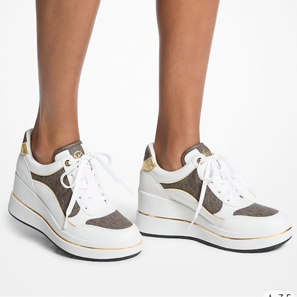 Michael Kors Shoes - Michael Kors Emmy Signature Logo & Leather Wedge Trainer - 8&1/2 - brown & white